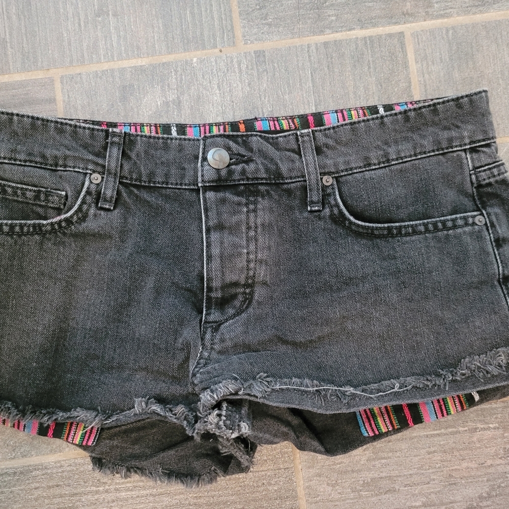 Distressed black denim shorts